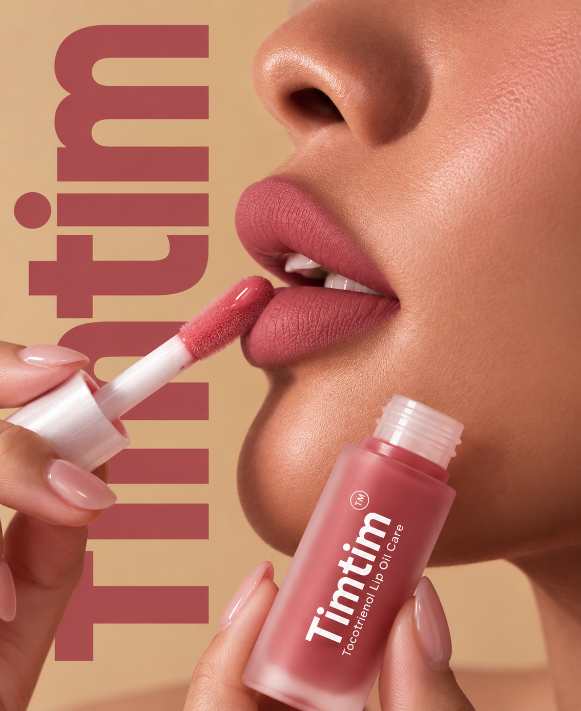 Close-up of Timtim lip oil cream being applied