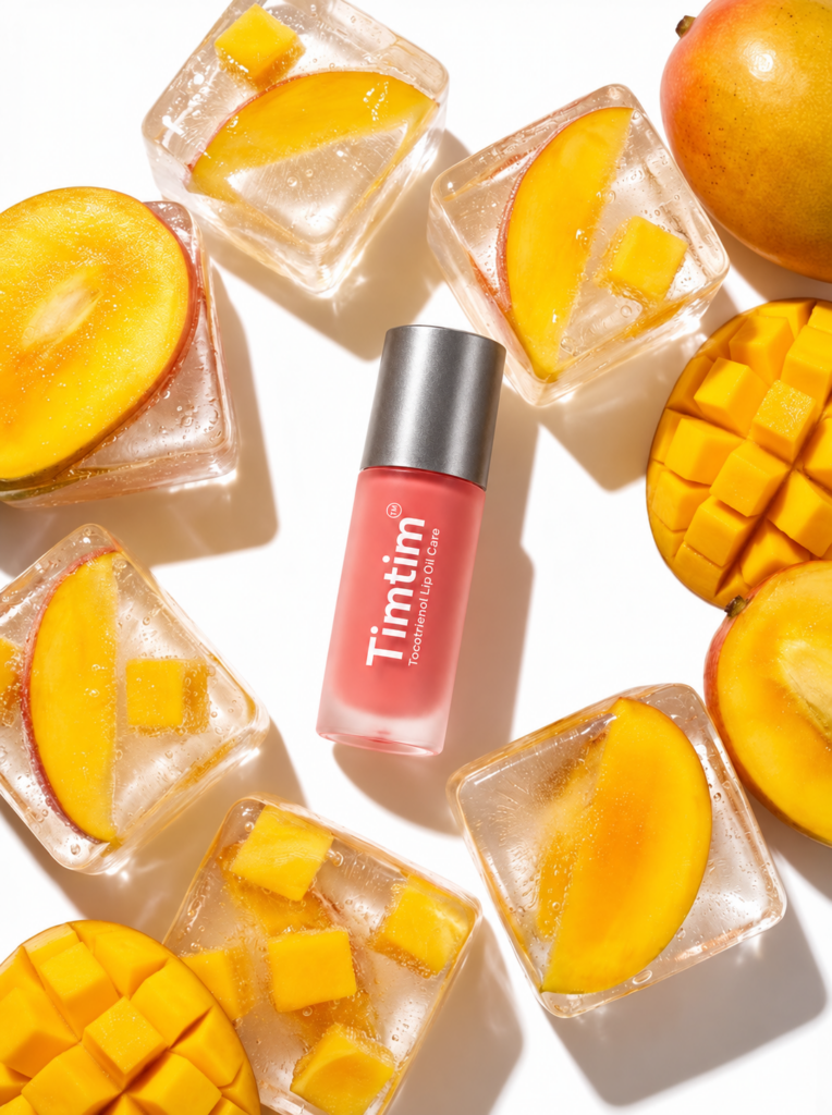 Timtim Mango lip oil cream with a Titanium cap among mango slices and ice cubes